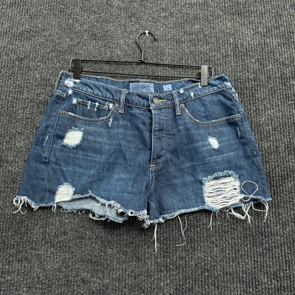 Lucky Brand Boyfriend Denim Shorts Womens 6 28 Distressed Cutoff Button Fly Blue